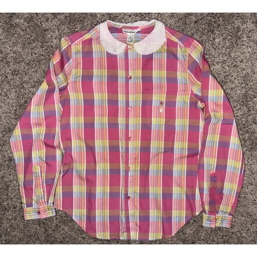 Vintage 80's Essentials Pink Plaid Collared‎ Button Down Shirt Women's Size 10